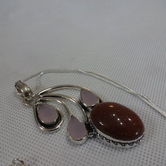 Beautiful "GOLD SUNSTONE & ROSE QUARTZ" Handmade Sterling Pendant/Chain #425A - Picture 1 of 3